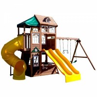 Complex de Joaca din cedru LookOut Lodge KidKraft - Centru cu trei tobogane si 2 nivele - Cedar Summit PlayCentre